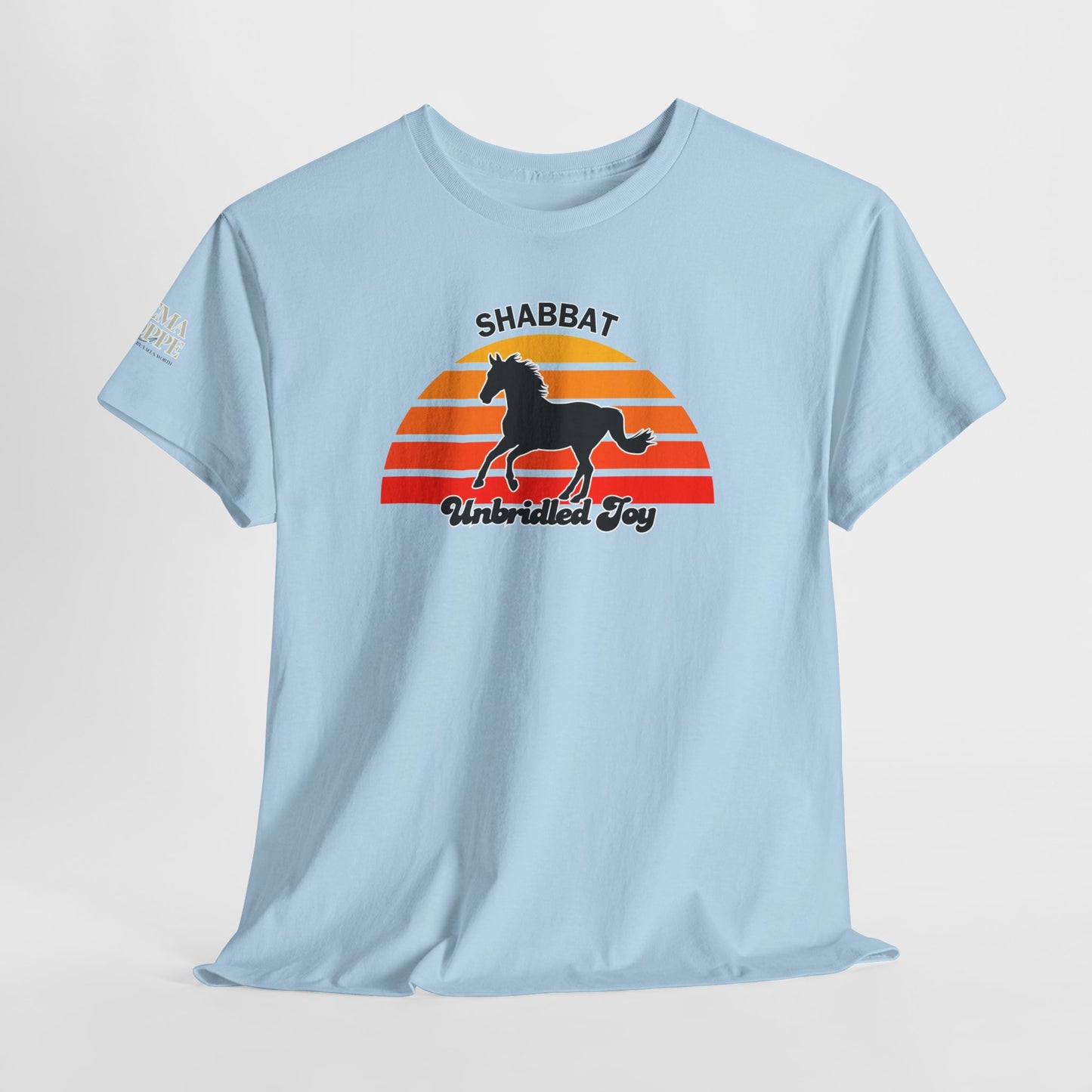 Shabbat Unbridled Joy Tee — Retro Horse Sabbath Sunset T‑Shirt