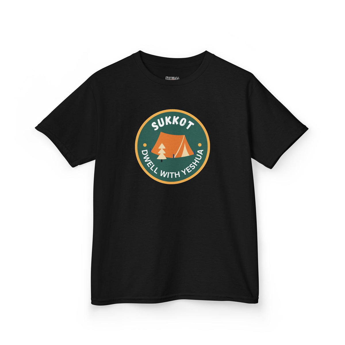 Kids Sukkot Tee — 'Sukkot - Dwell with Yeshua' Camping Badge Shirt