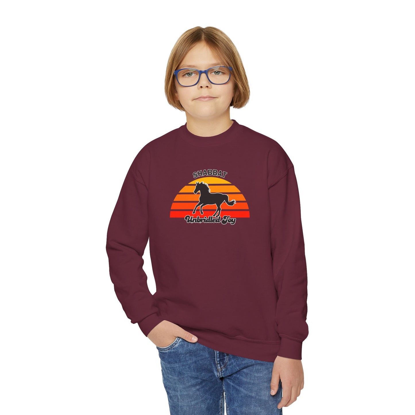 Youth Crewneck Sweatshirt — "Shabbat: Unbridled Joy" Retro Sunset Horse Design