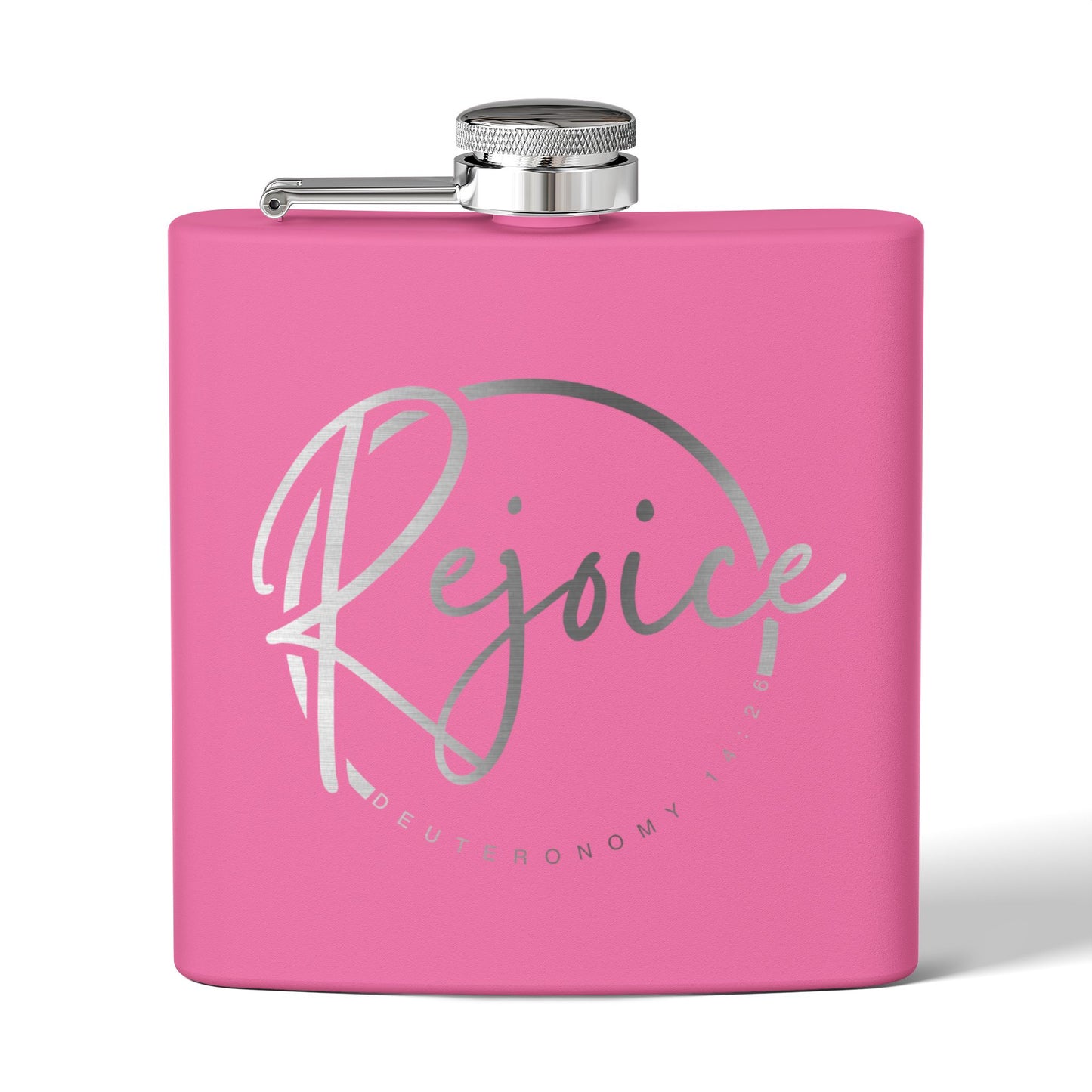 Rejoice Stainless Steel Flask — 6oz Inspirational Biblical Feasts Hip Flask (Deuteronomy 12:7)