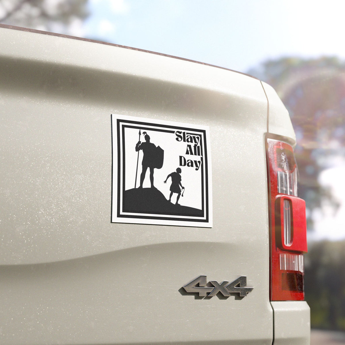 Inspirational Car Magnet- David and Goliath Slay All Day, Motivational Vehicle Decor, Fun Gifts for Warriors, Road Trip Accessories, Bible Enthusiasts
