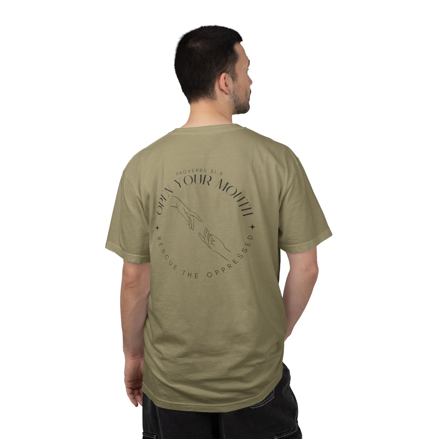 Open your Mouth Garment-Dyed T-Shirt — Rescue the Oppressed Back Print