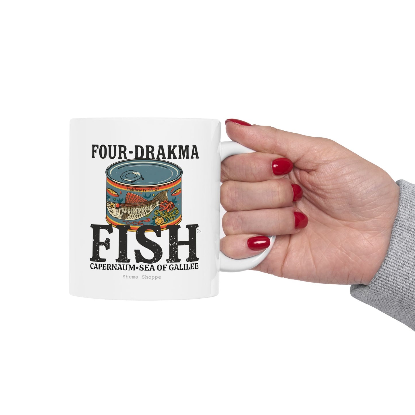 Vintage Label Four-Drakma Fish Company Ceramic Cafe Design, Funny Coffee Lover Gift, Tea Mug for Home, Office, Unique Drinkware for Bibliophiles