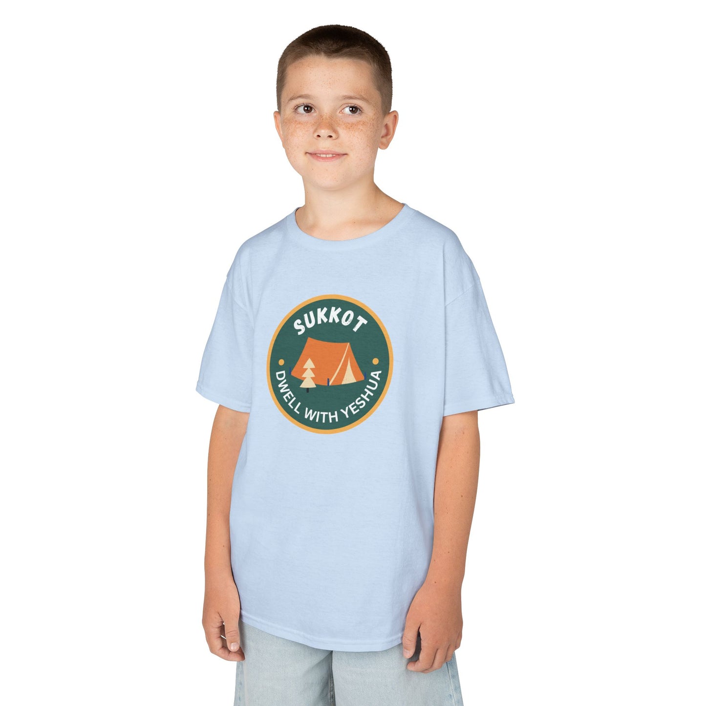 Kids Sukkot Tee — 'Sukkot - Dwell with Yeshua' Camping Badge Shirt