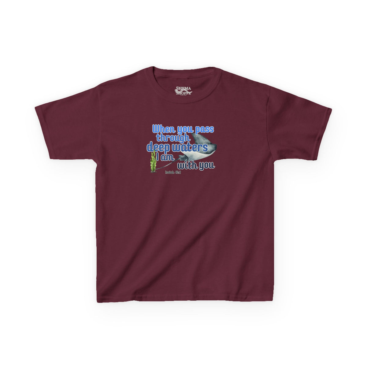 "When you pass through deep waters I am with you" Stingray Bible Verse Shirt Kid's Shirt