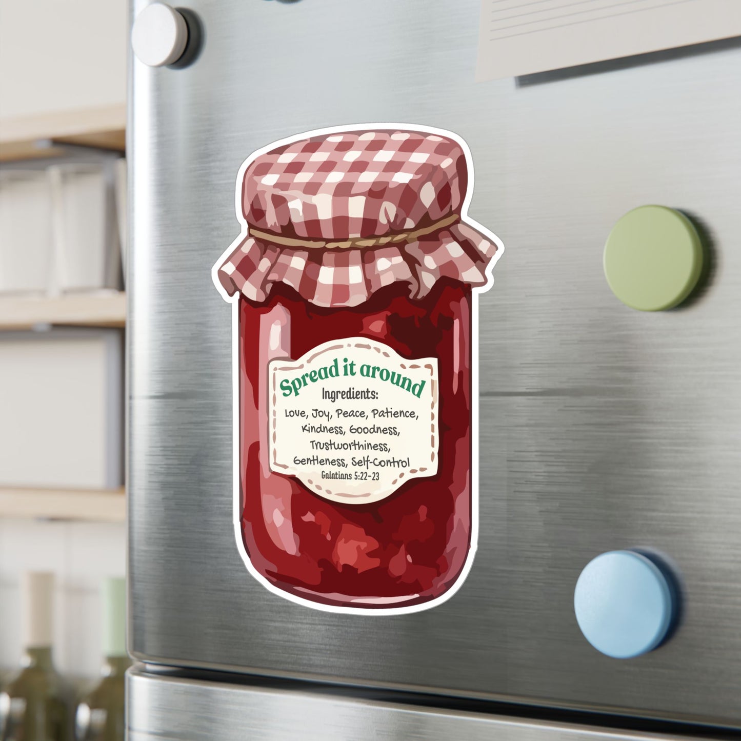 Jam Jar Fruit Of The Spirit Biblical Vinyl Sticker – “Spread It Around” Inspirational Kiss-Cut Decal