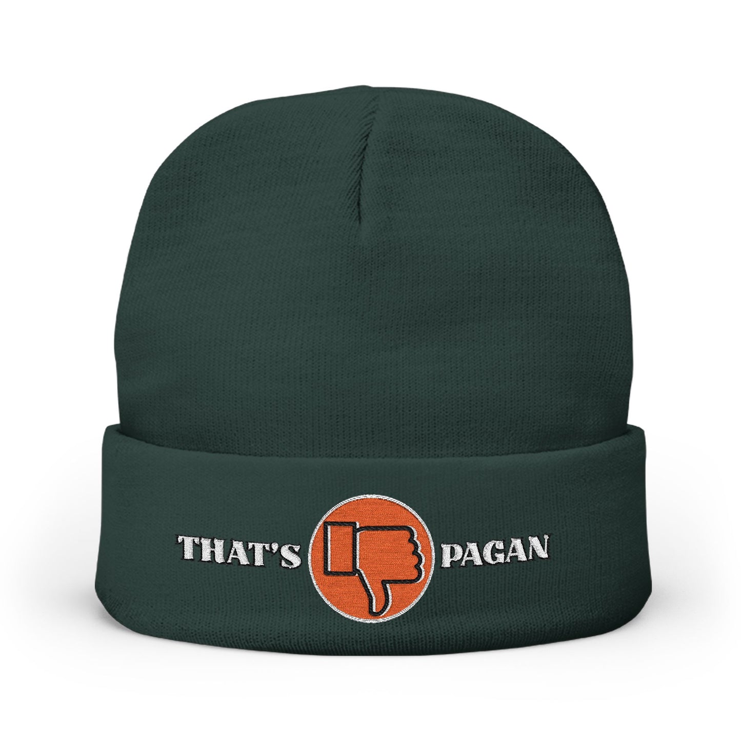 Embroidered 'That's Pagan' Knit Beanie — Thumbs Down Logo Winter Hat