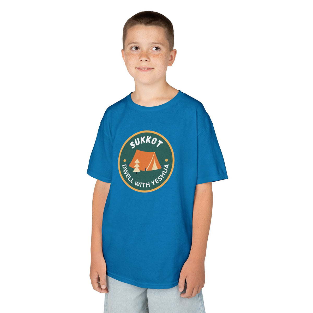 Kids Sukkot Tee — 'Sukkot - Dwell with Yeshua' Camping Badge Shirt