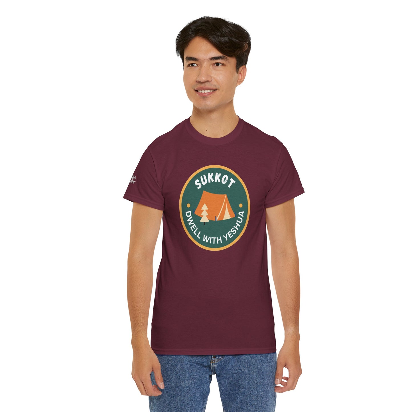 Sukkot Camping Tee — “Dwell With Yeshua” Biblical Feast T‑Shirt