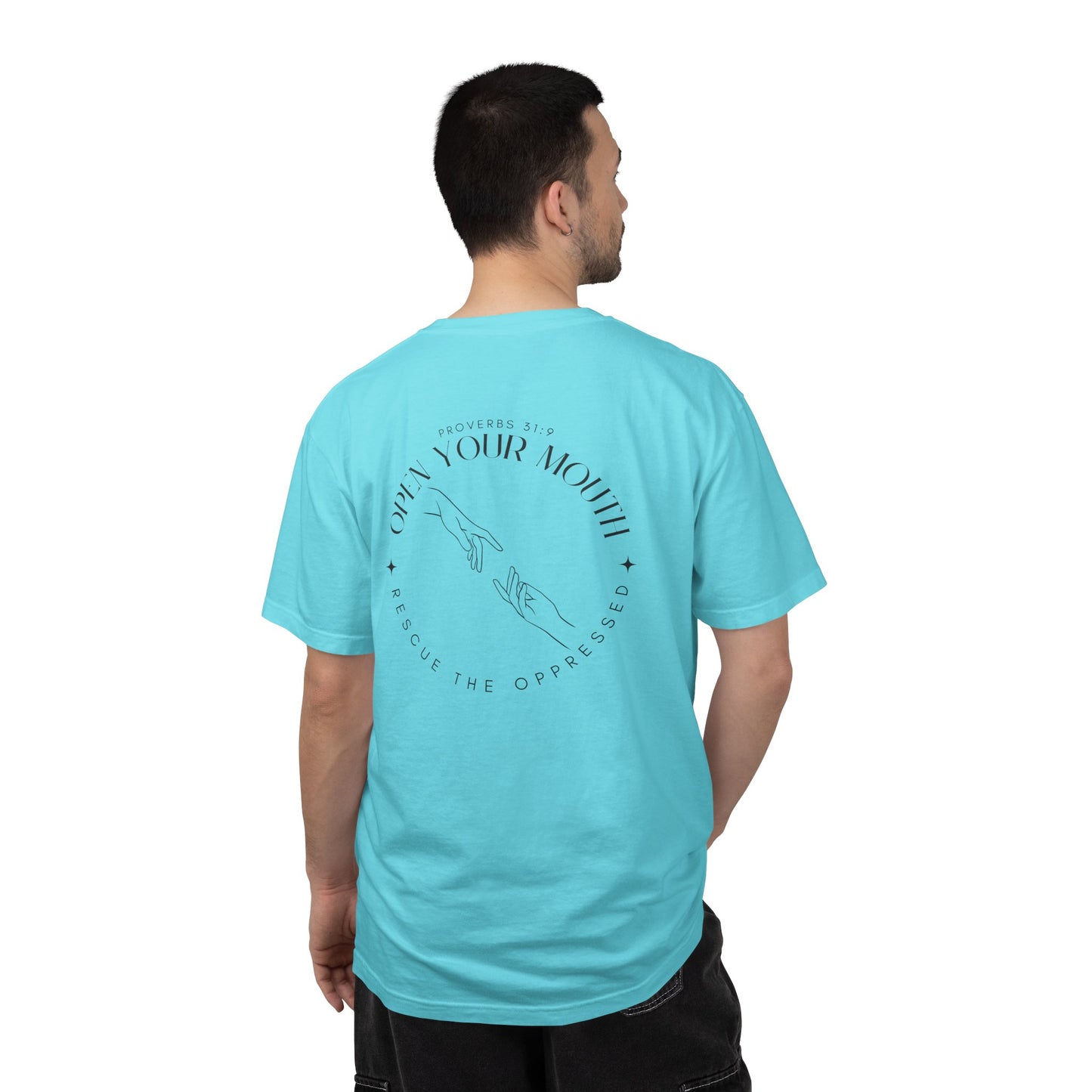 Open your Mouth Garment-Dyed T-Shirt — Rescue the Oppressed Back Print