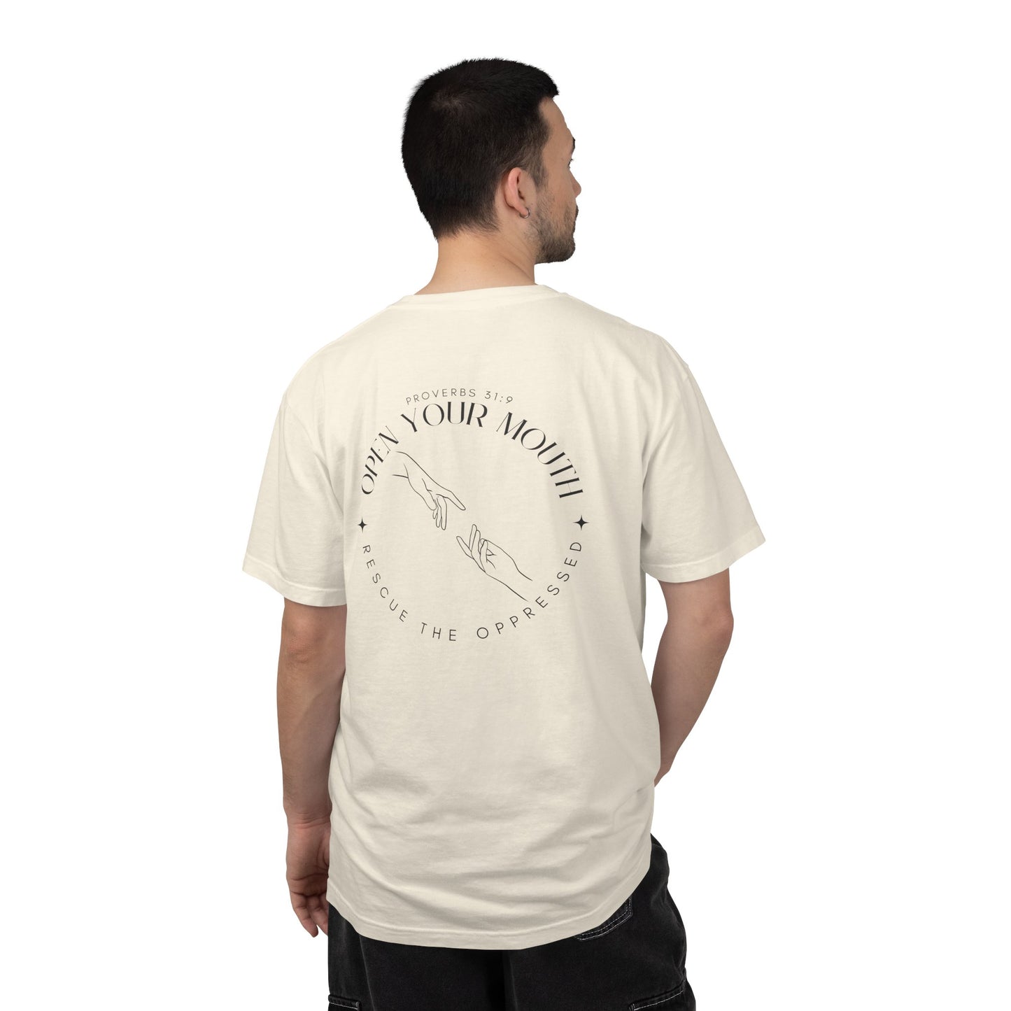 Open your Mouth Garment-Dyed T-Shirt — Rescue the Oppressed Back Print
