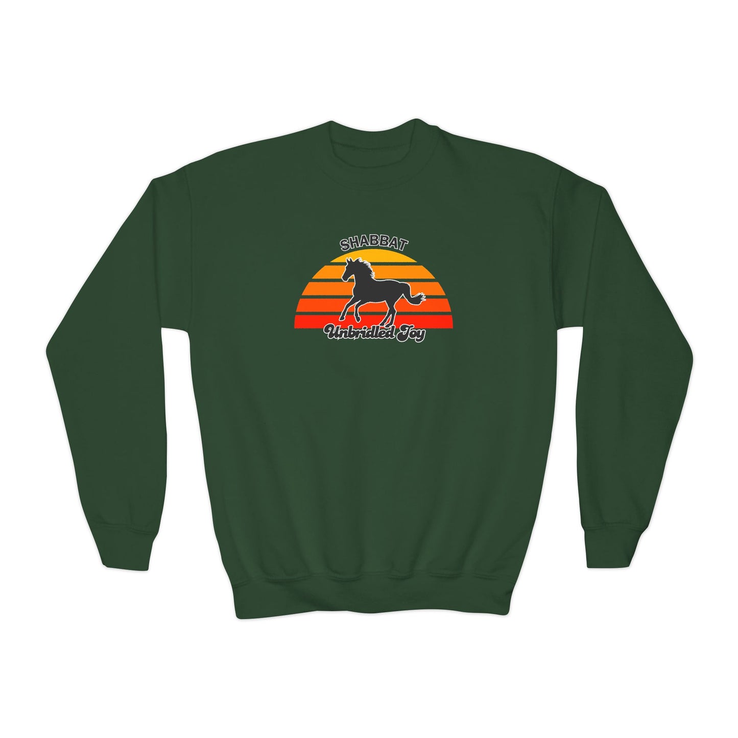 Youth Crewneck Sweatshirt — "Shabbat: Unbridled Joy" Retro Sunset Horse Design