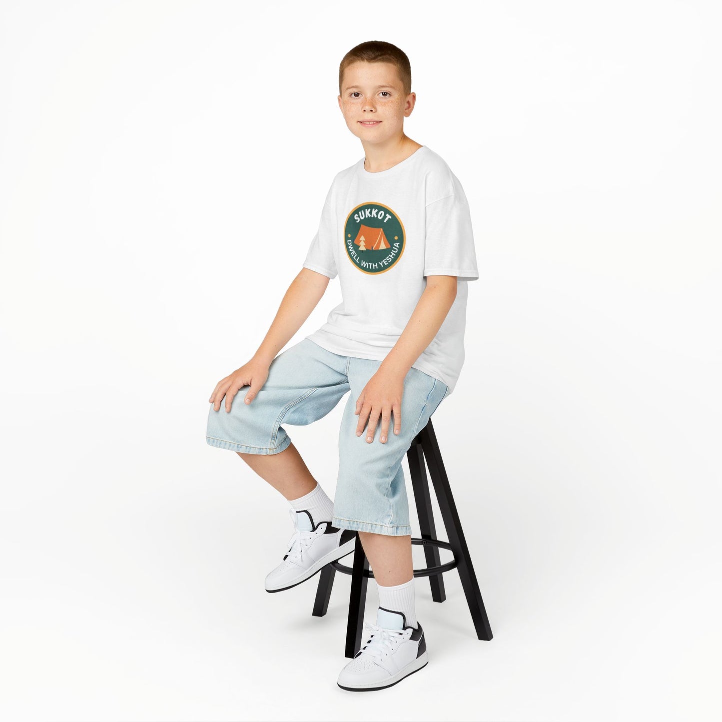 Kids Sukkot Tee — 'Sukkot - Dwell with Yeshua' Camping Badge Shirt