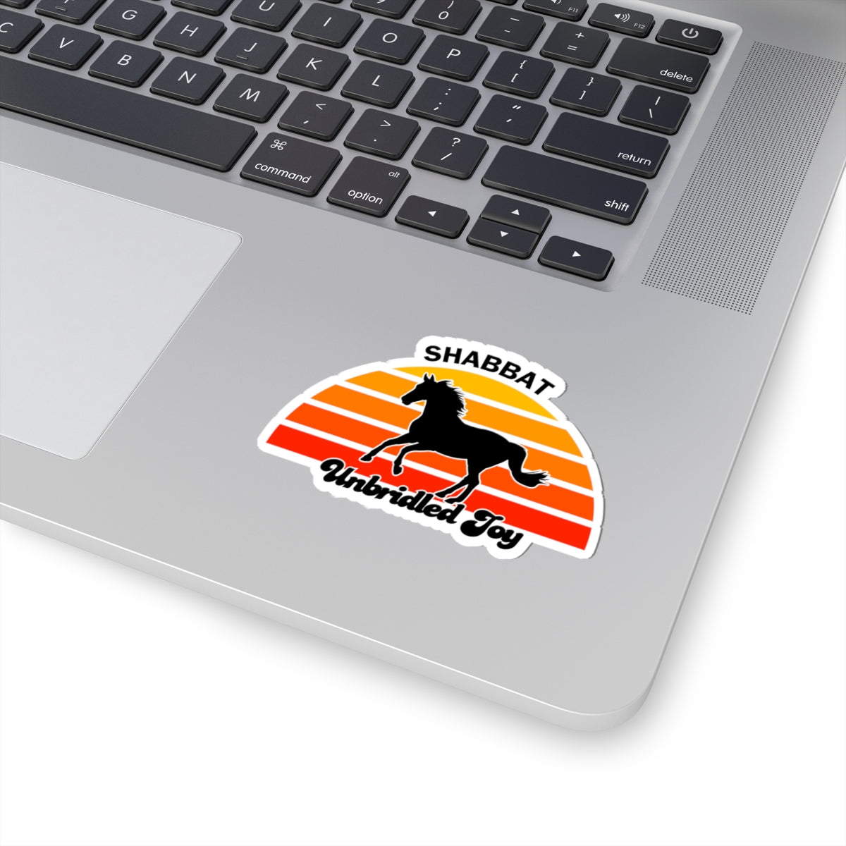 Shabbat Unbridled Joy Sticker — Retro Sunset Horse Kiss-Cut Sticker