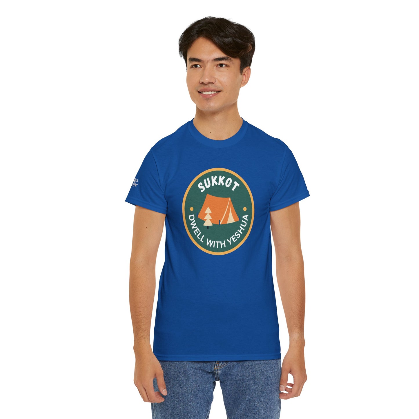 Sukkot Camping Tee — “Dwell With Yeshua” Biblical Feast T‑Shirt