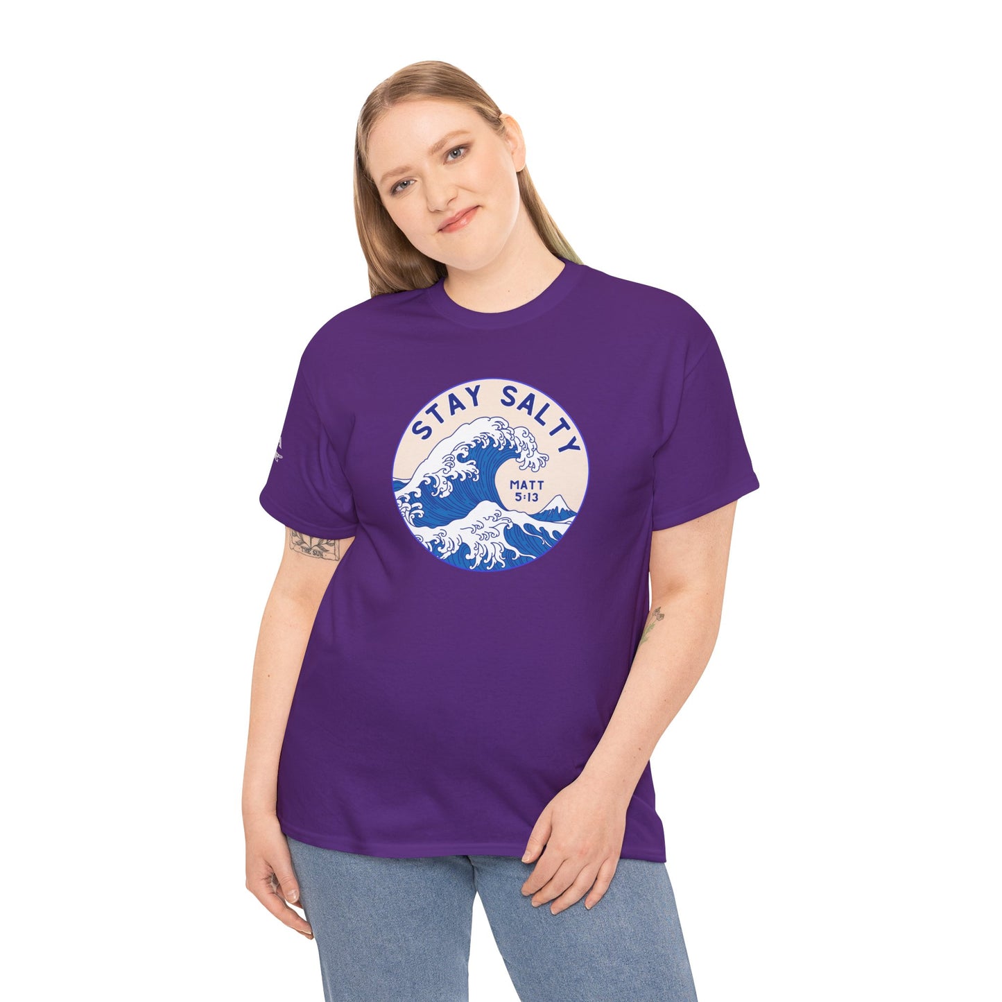 Stay Salty Surf T-Shirt — Coastal Wave Graphic with Matthew 5:13 (Hokusai-Inspired)