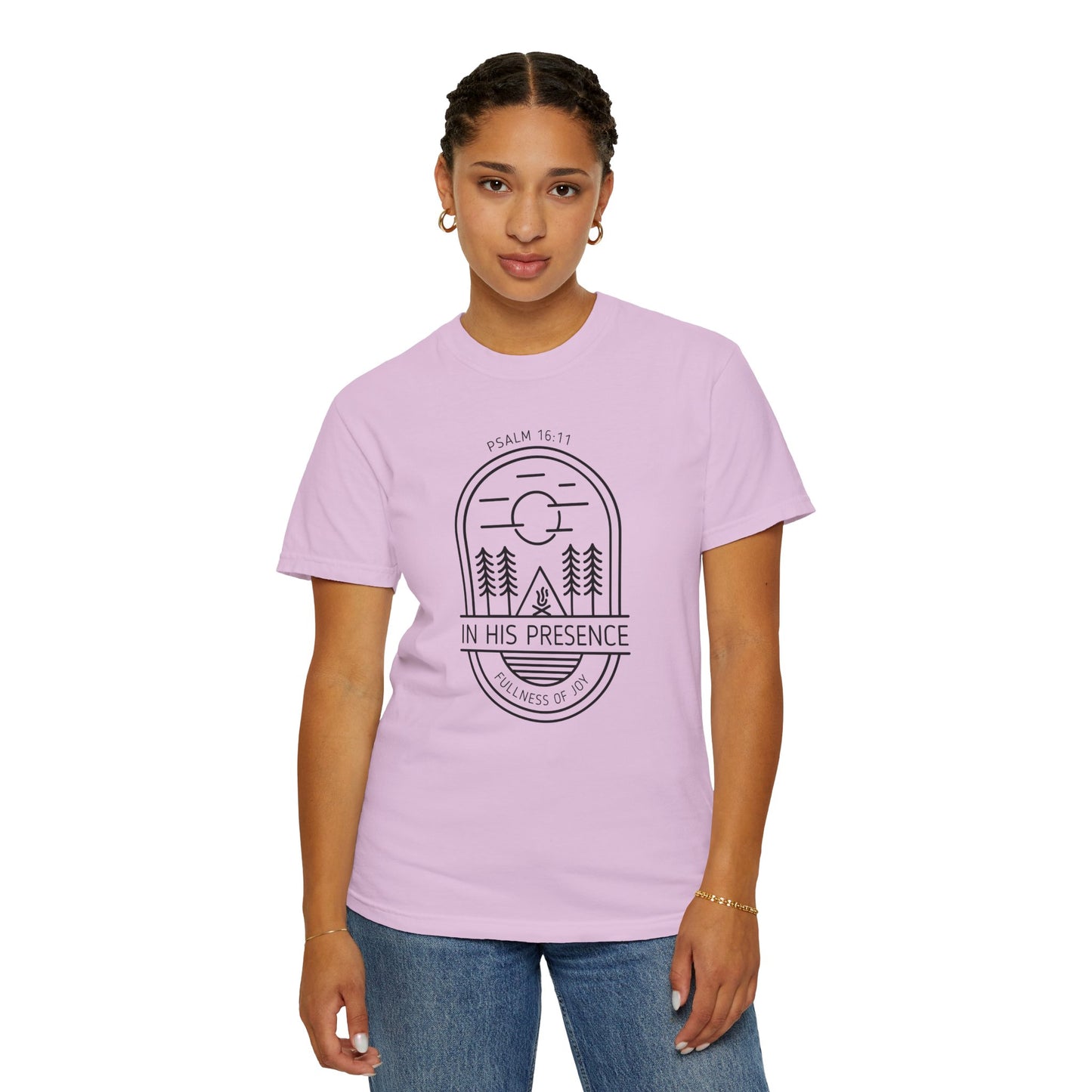 In His Presence T-Shirt — Psalm 16:11 Bible Verse Nature Comfort Colors Cotton Shirt