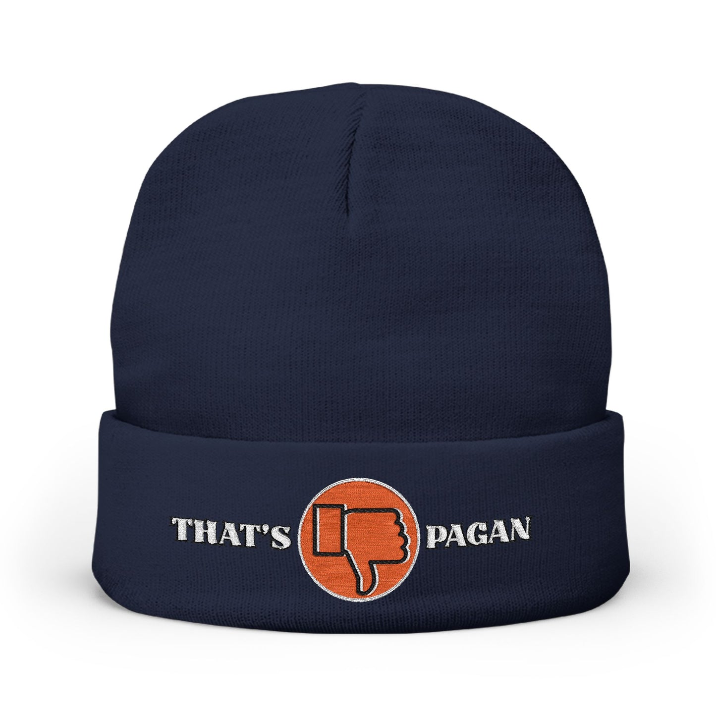 Embroidered 'That's Pagan' Knit Beanie — Thumbs Down Logo Winter Hat