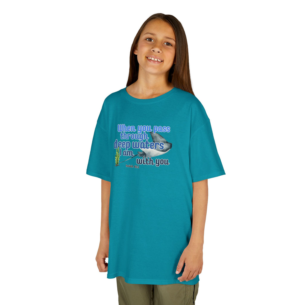 "When you pass through deep waters I am with you" Stingray Bible Verse Shirt Kid's Shirt