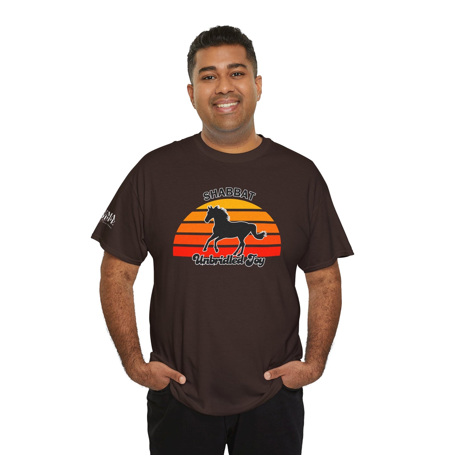 Shabbat Unbridled Joy Tee — Retro Horse Sabbath Sunset T‑Shirt