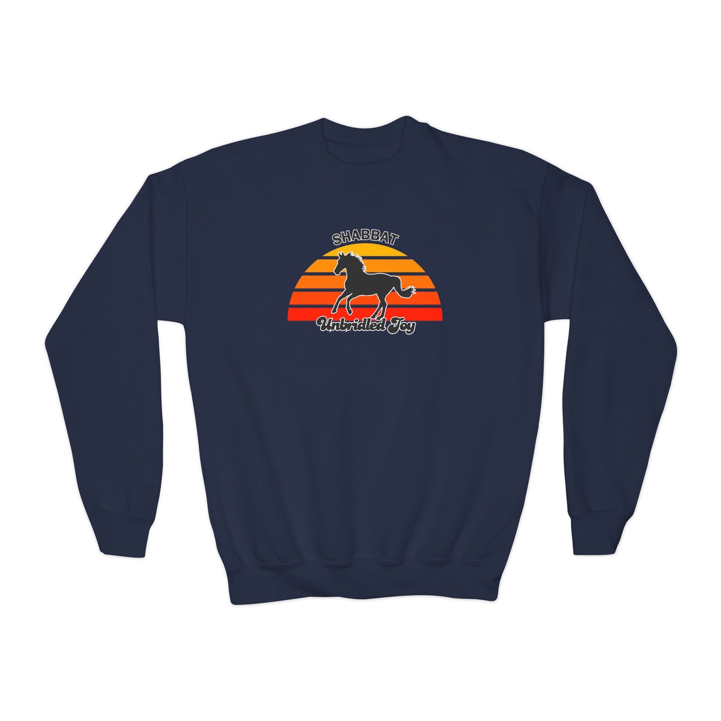 Youth Crewneck Sweatshirt — "Shabbat: Unbridled Joy" Retro Sunset Horse Design