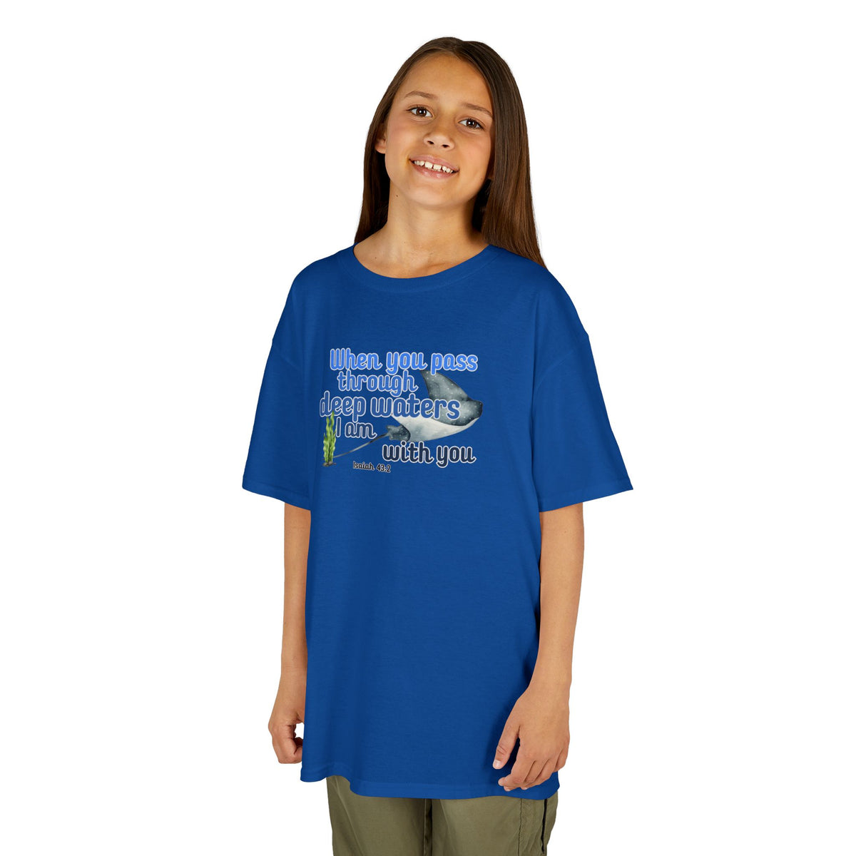 "When you pass through deep waters I am with you" Stingray Bible Verse Shirt Kid's Shirt