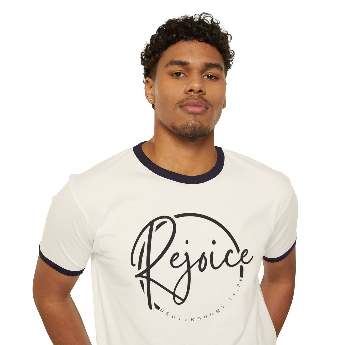Rejoice Script Ringer Tee — Inspirational Torah Inspired Biblical Feast Graphic T-Shirt