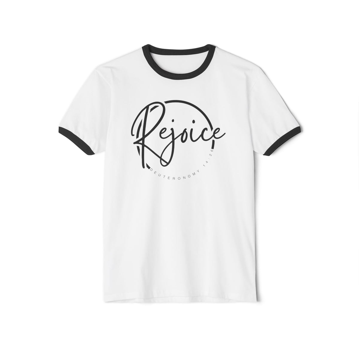 Rejoice Script Ringer Tee — Inspirational Torah Inspired Biblical Feast Graphic T-Shirt