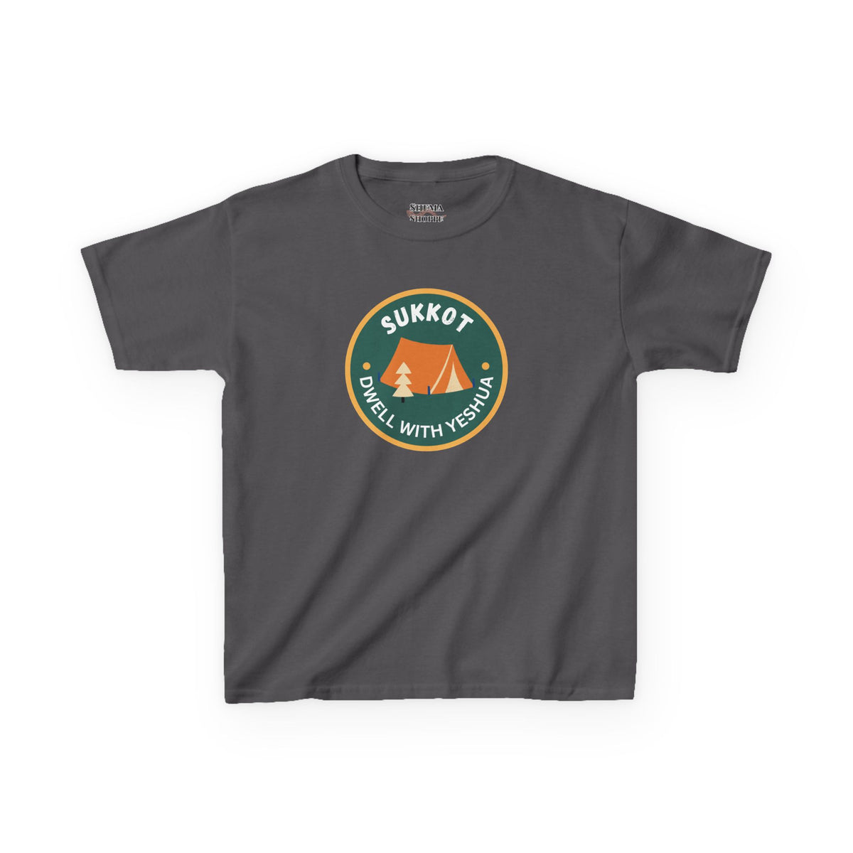 Kids Sukkot Tee — 'Sukkot - Dwell with Yeshua' Camping Badge Shirt