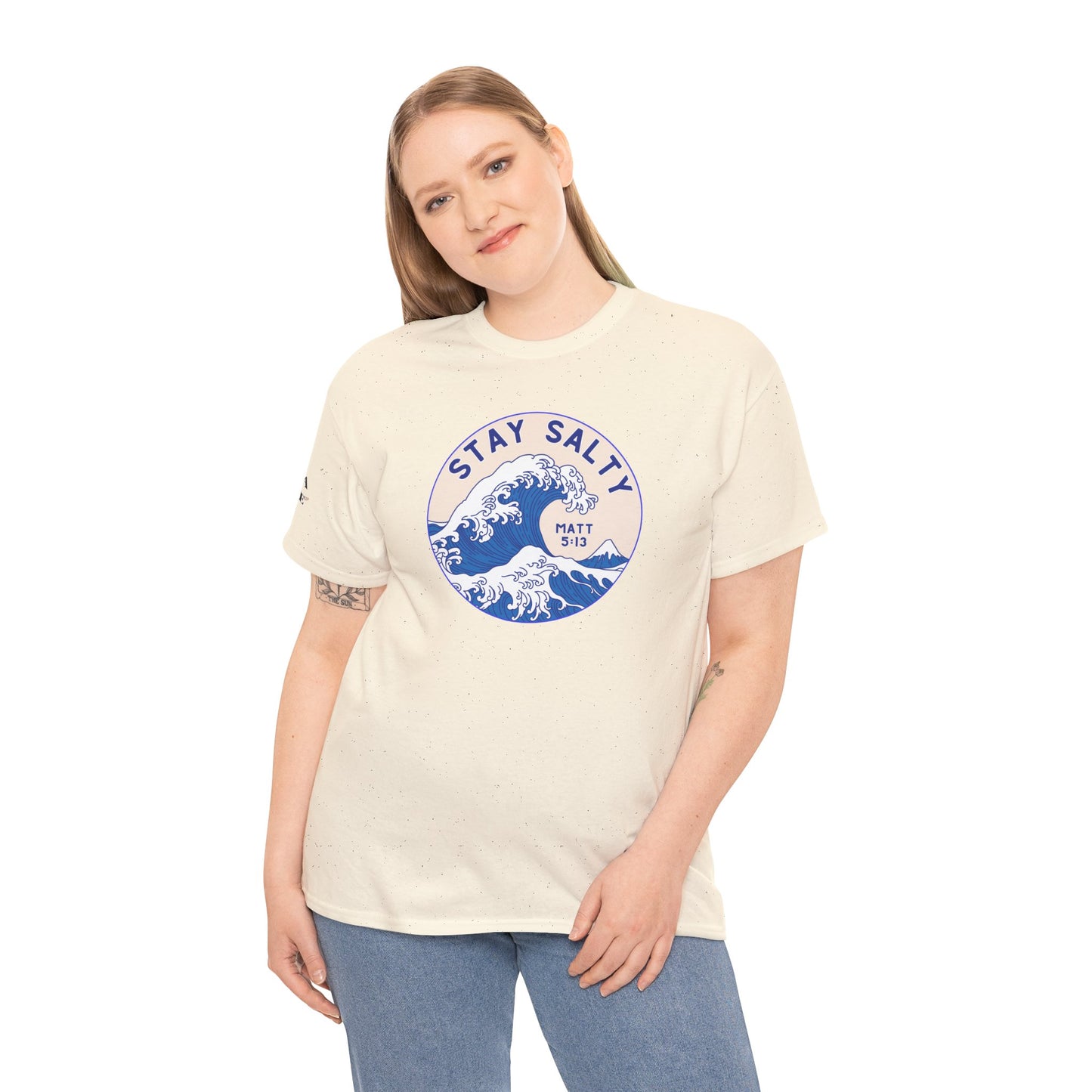Stay Salty Surf T-Shirt — Coastal Wave Graphic with Matthew 5:13 (Hokusai-Inspired)