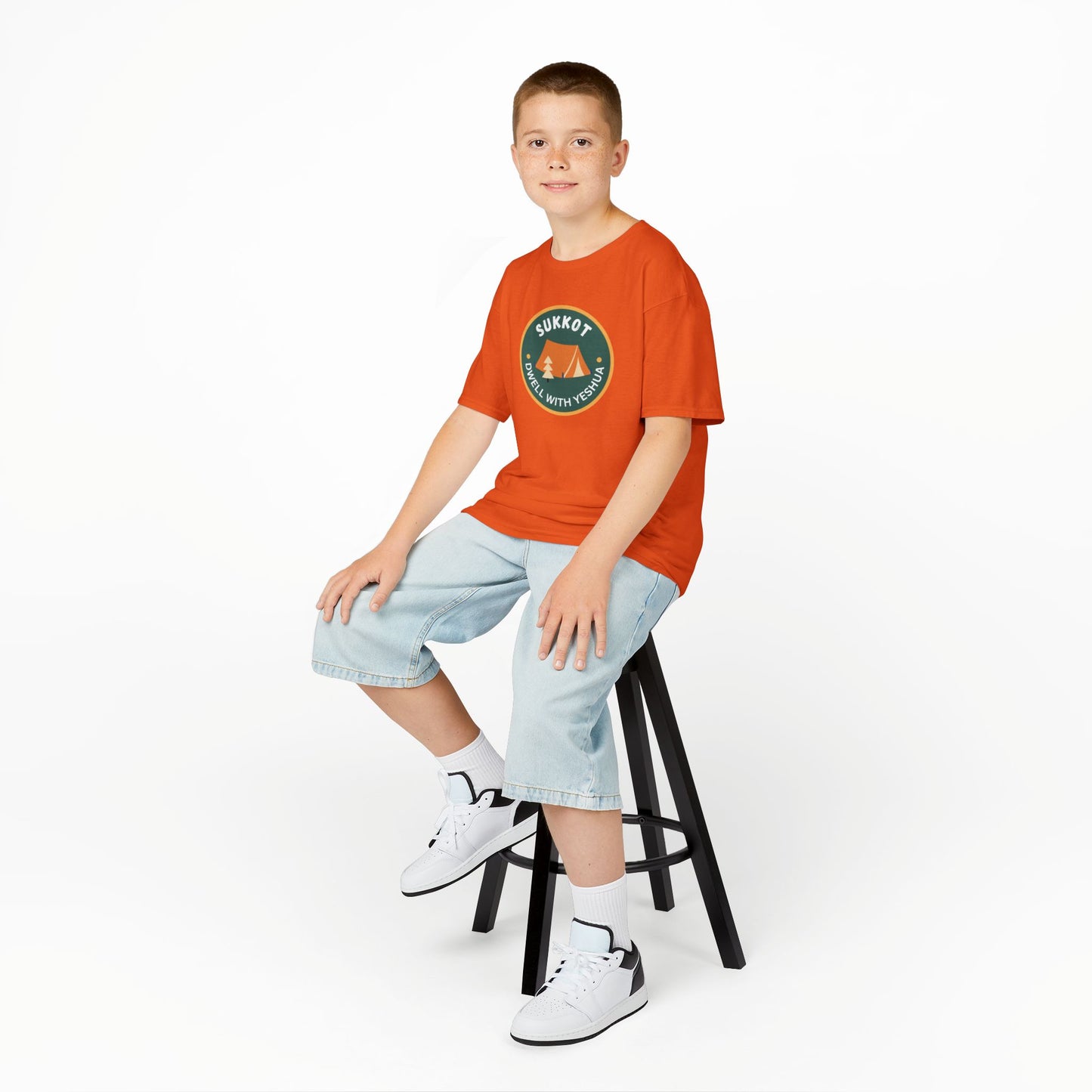 Kids Sukkot Tee — 'Sukkot - Dwell with Yeshua' Camping Badge Shirt