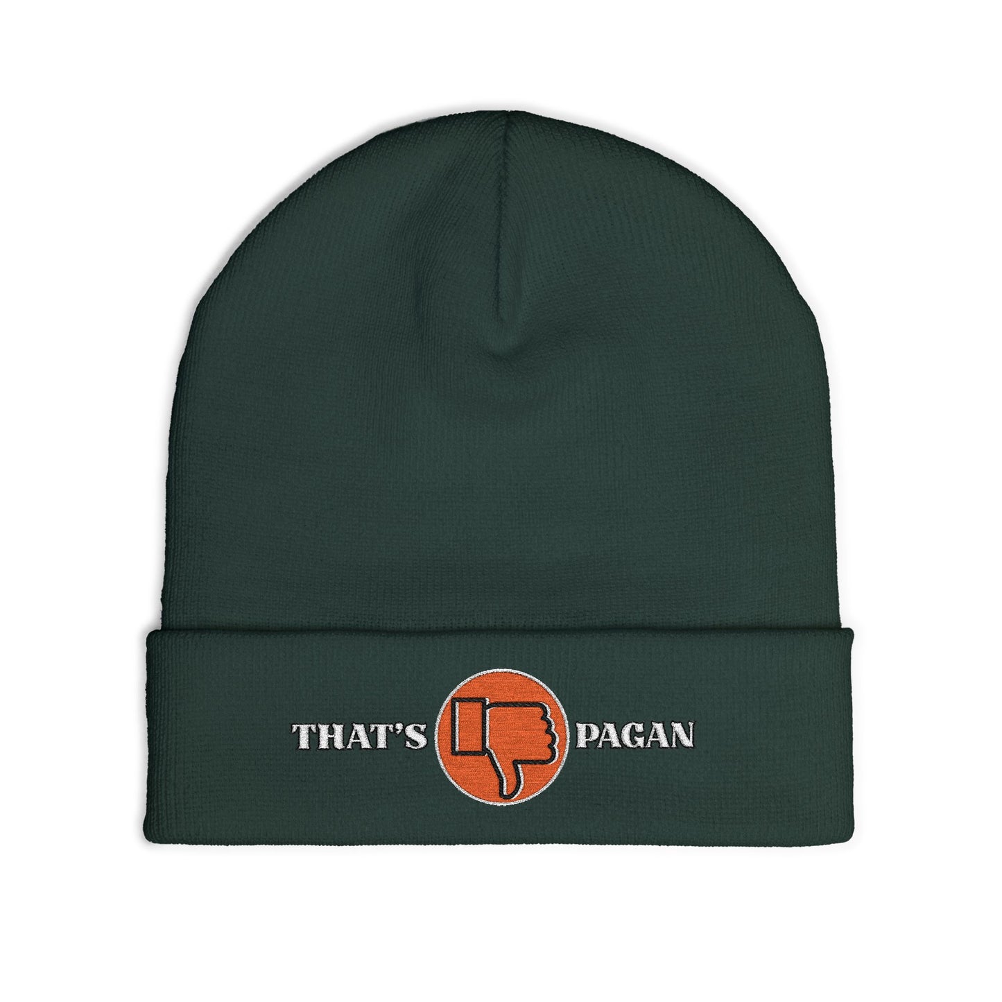 Embroidered 'That's Pagan' Knit Beanie — Thumbs Down Logo Winter Hat