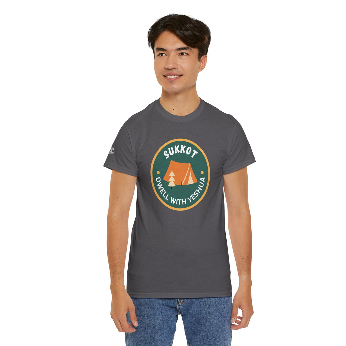 Sukkot Camping Tee — “Dwell With Yeshua” Biblical Feast T‑Shirt