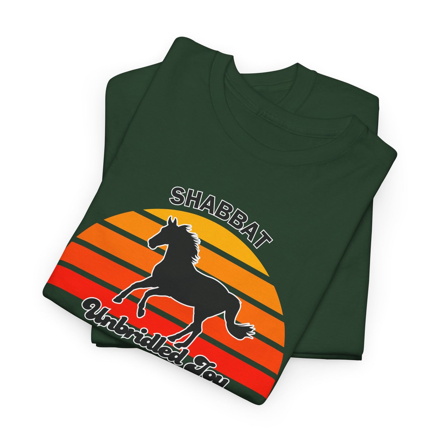 Shabbat Unbridled Joy Tee — Retro Horse Sabbath Sunset T‑Shirt