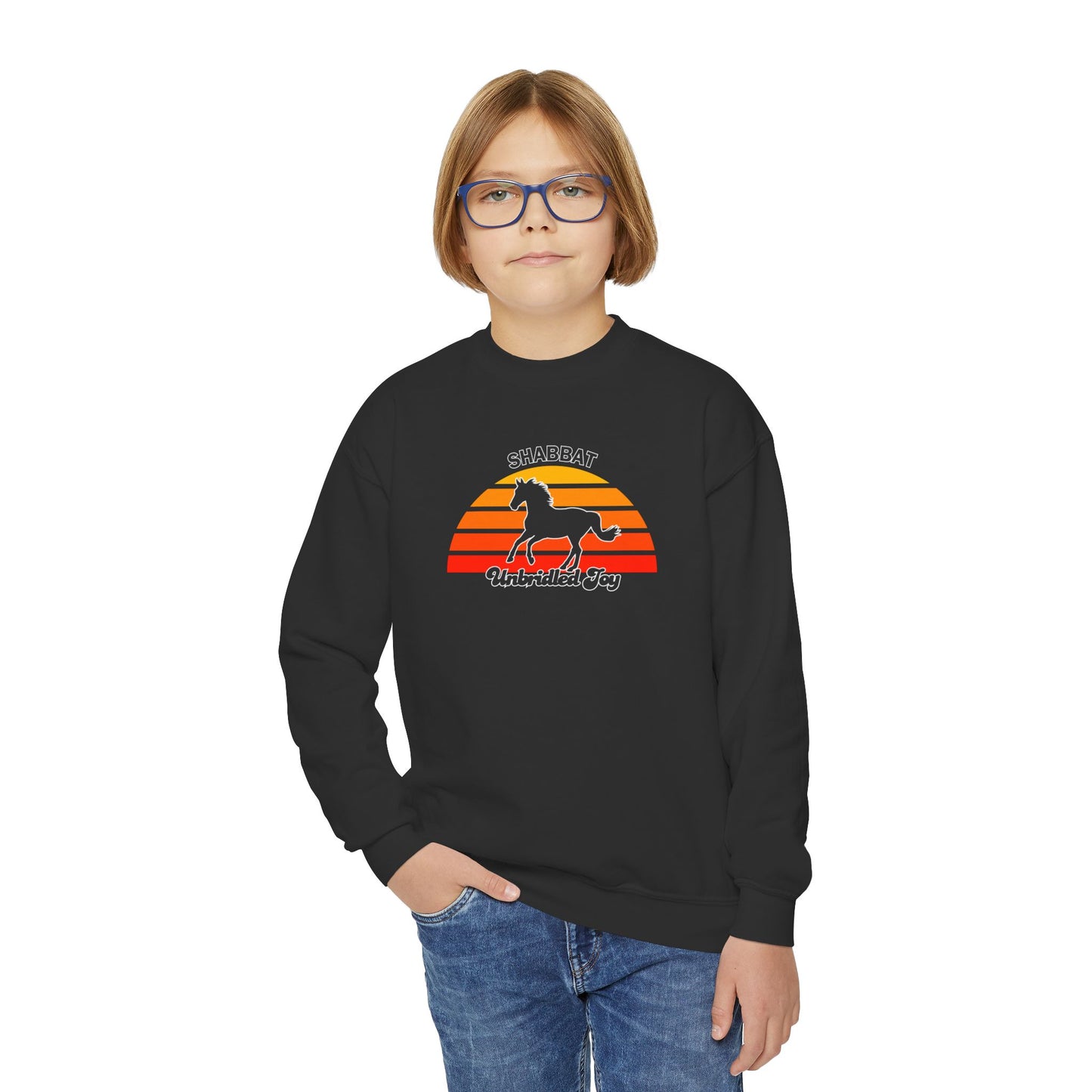 Youth Crewneck Sweatshirt — "Shabbat: Unbridled Joy" Retro Sunset Horse Design