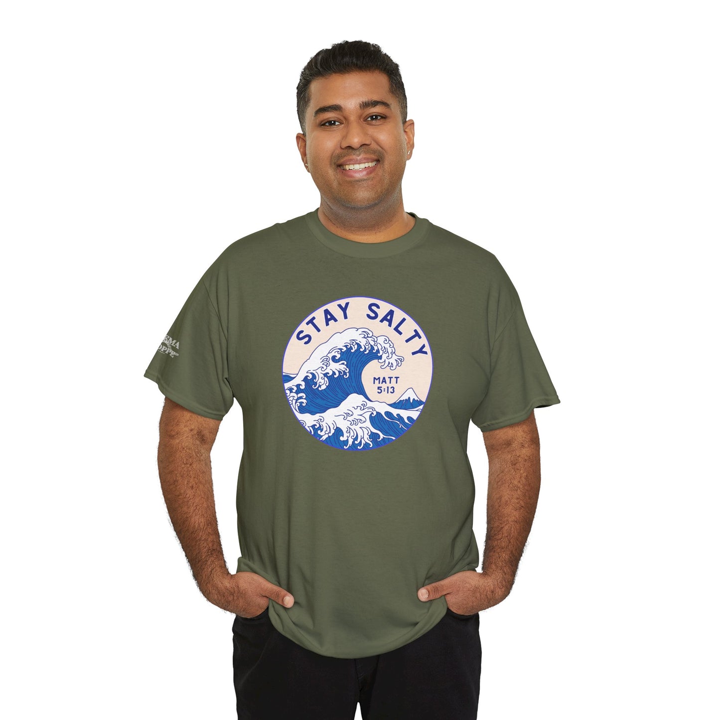 Stay Salty Surf T-Shirt — Coastal Wave Graphic with Matthew 5:13 (Hokusai-Inspired)