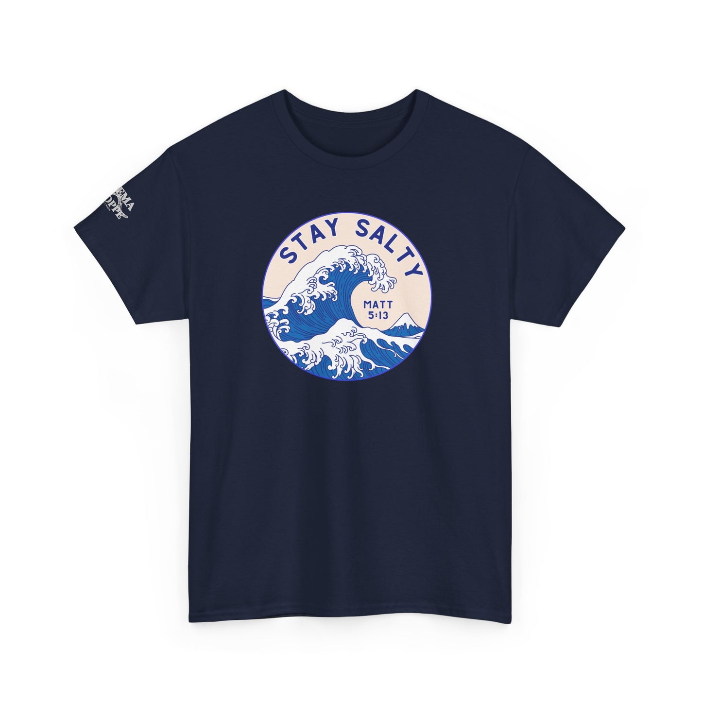 Stay Salty Surf T-Shirt — Coastal Wave Graphic with Matthew 5:13 (Hokusai-Inspired)