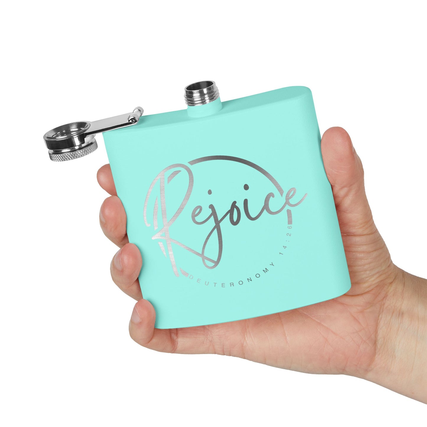 Rejoice Stainless Steel Flask — 6oz Inspirational Biblical Feasts Hip Flask (Deuteronomy 12:7)