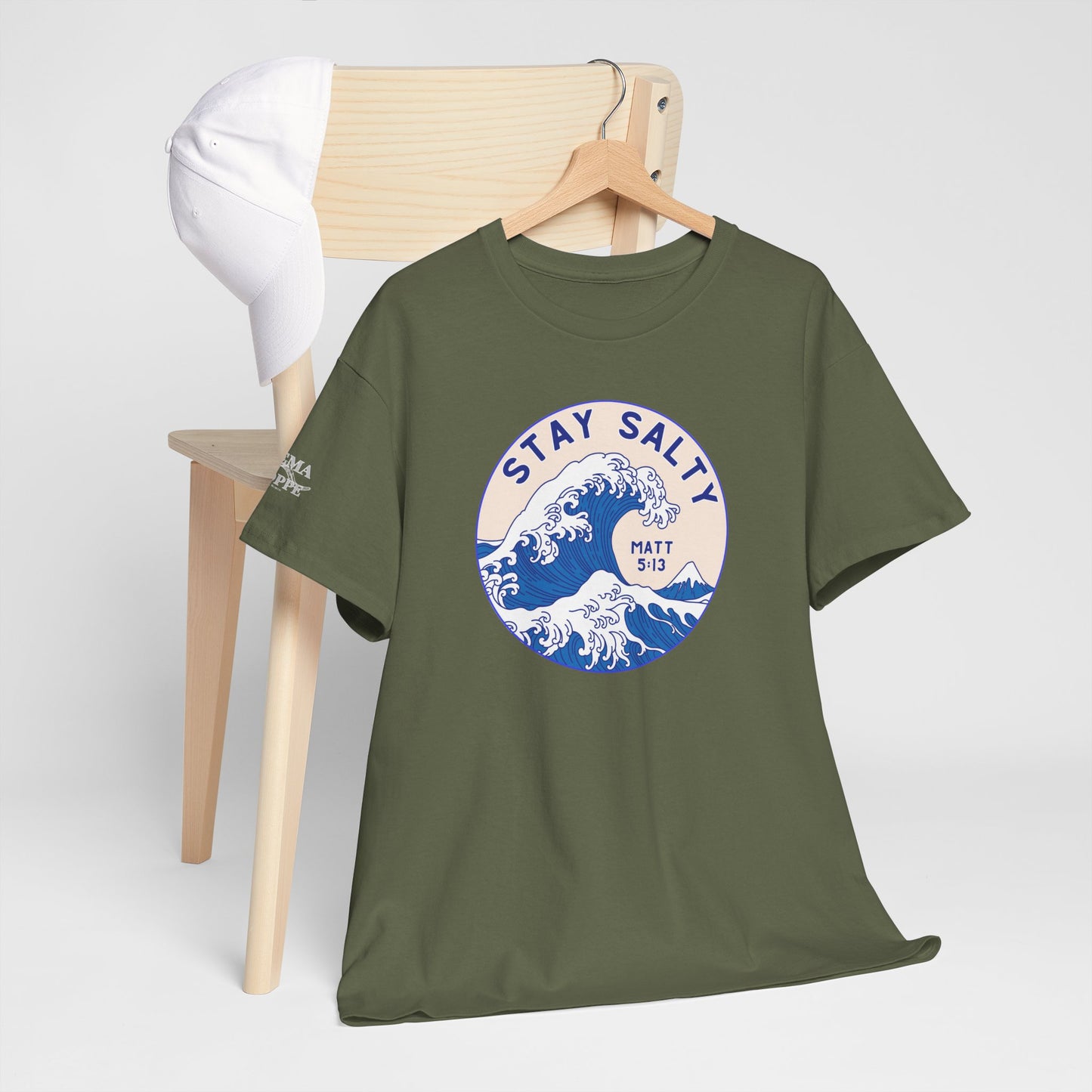 Stay Salty Surf T-Shirt — Coastal Wave Graphic with Matthew 5:13 (Hokusai-Inspired)