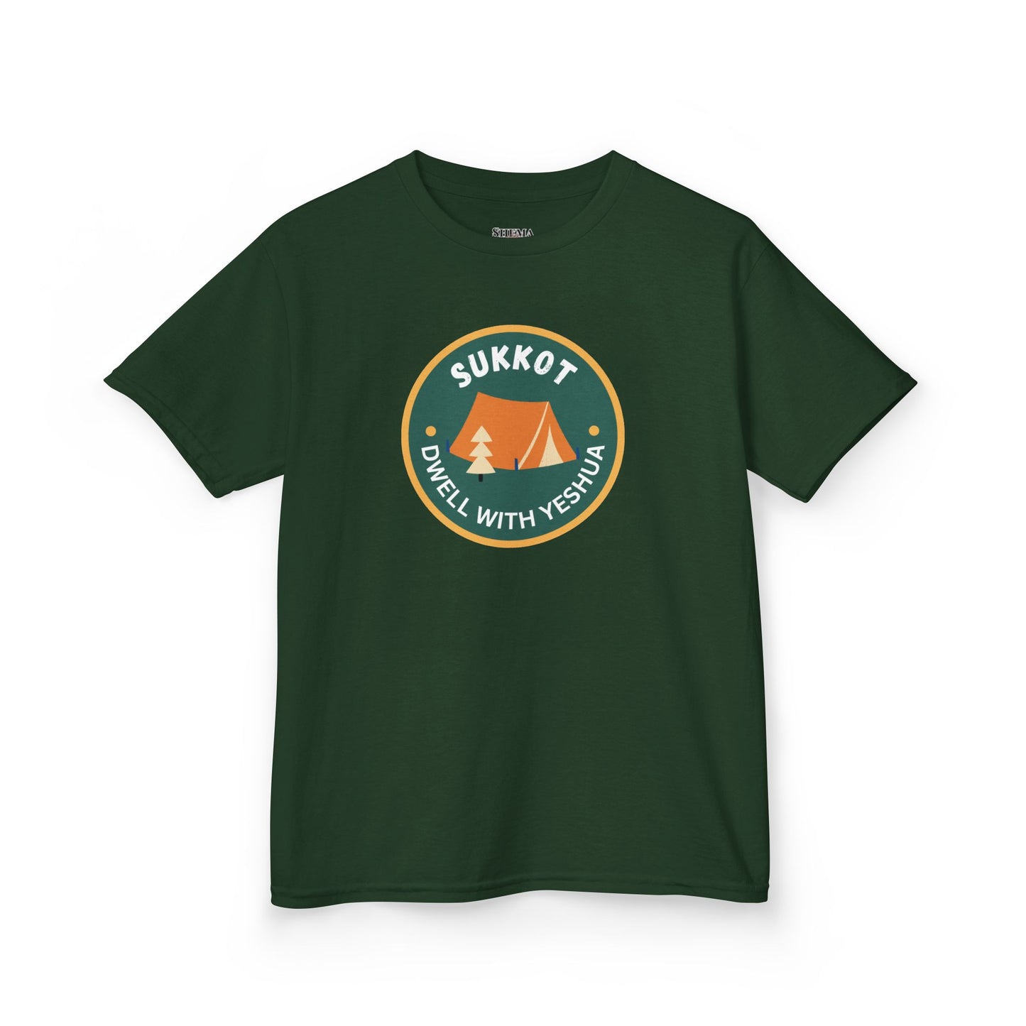 Kids Sukkot Tee — 'Sukkot - Dwell with Yeshua' Camping Badge Shirt