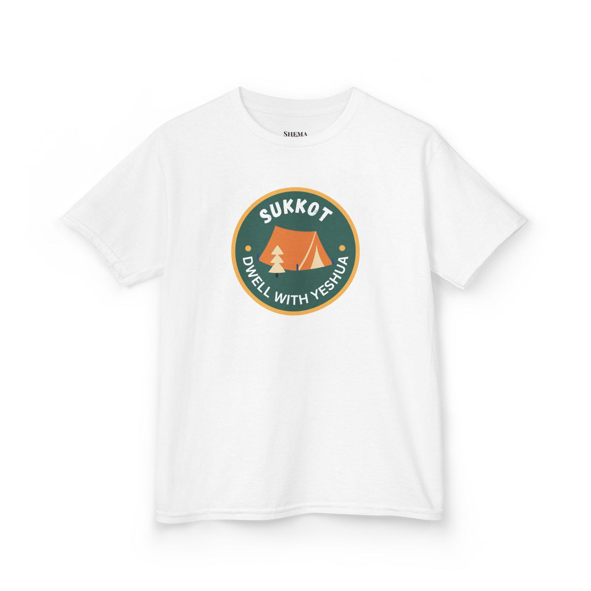 Kids Sukkot Tee — 'Sukkot - Dwell with Yeshua' Camping Badge Shirt