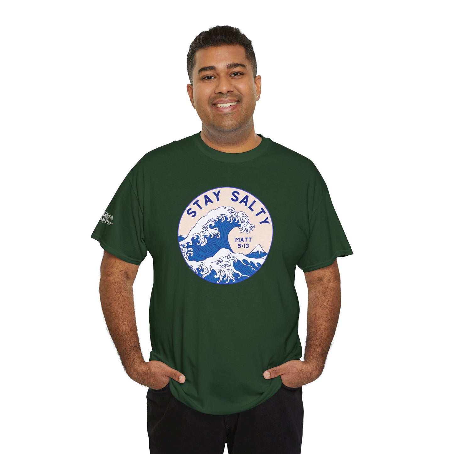 Stay Salty Surf T-Shirt — Coastal Wave Graphic with Matthew 5:13 (Hokusai-Inspired)