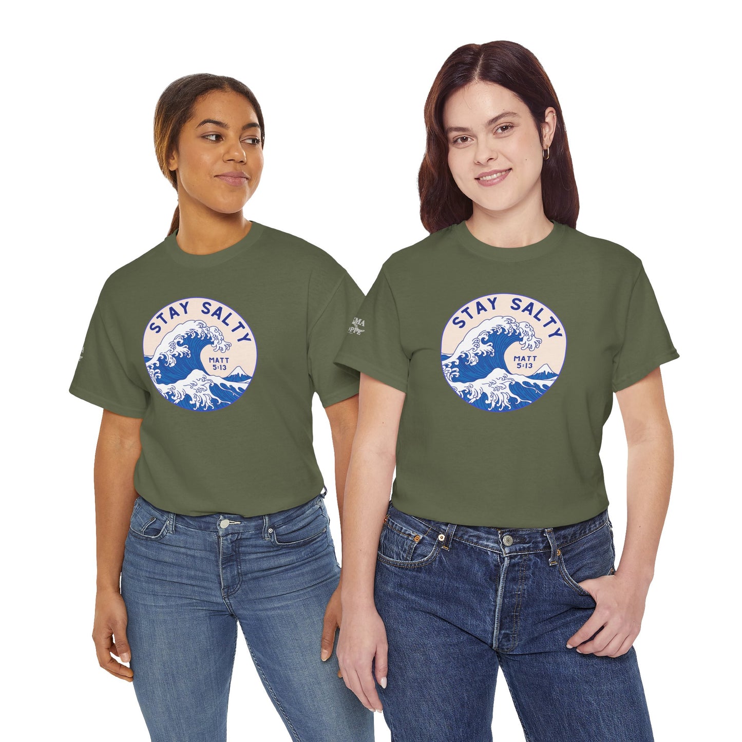 Stay Salty Surf T-Shirt — Coastal Wave Graphic with Matthew 5:13 (Hokusai-Inspired)