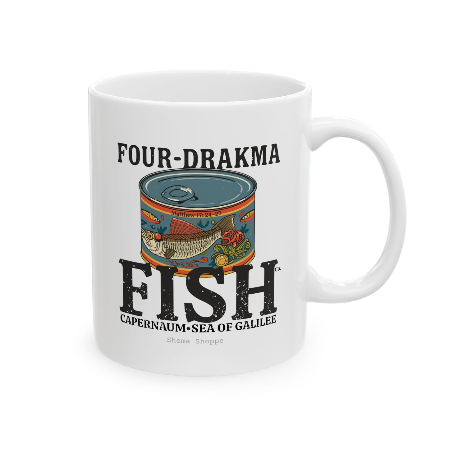 Vintage Label Four-Drakma Fish Company Ceramic Cafe Design, Funny Coffee Lover Gift, Tea Mug for Home, Office, Unique Drinkware for Bibliophiles
