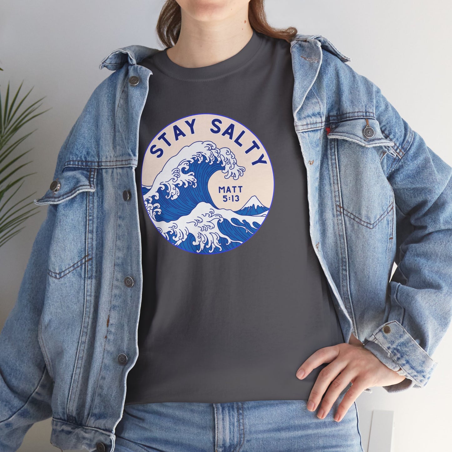 Stay Salty Surf T-Shirt — Coastal Wave Graphic with Matthew 5:13 (Hokusai-Inspired)