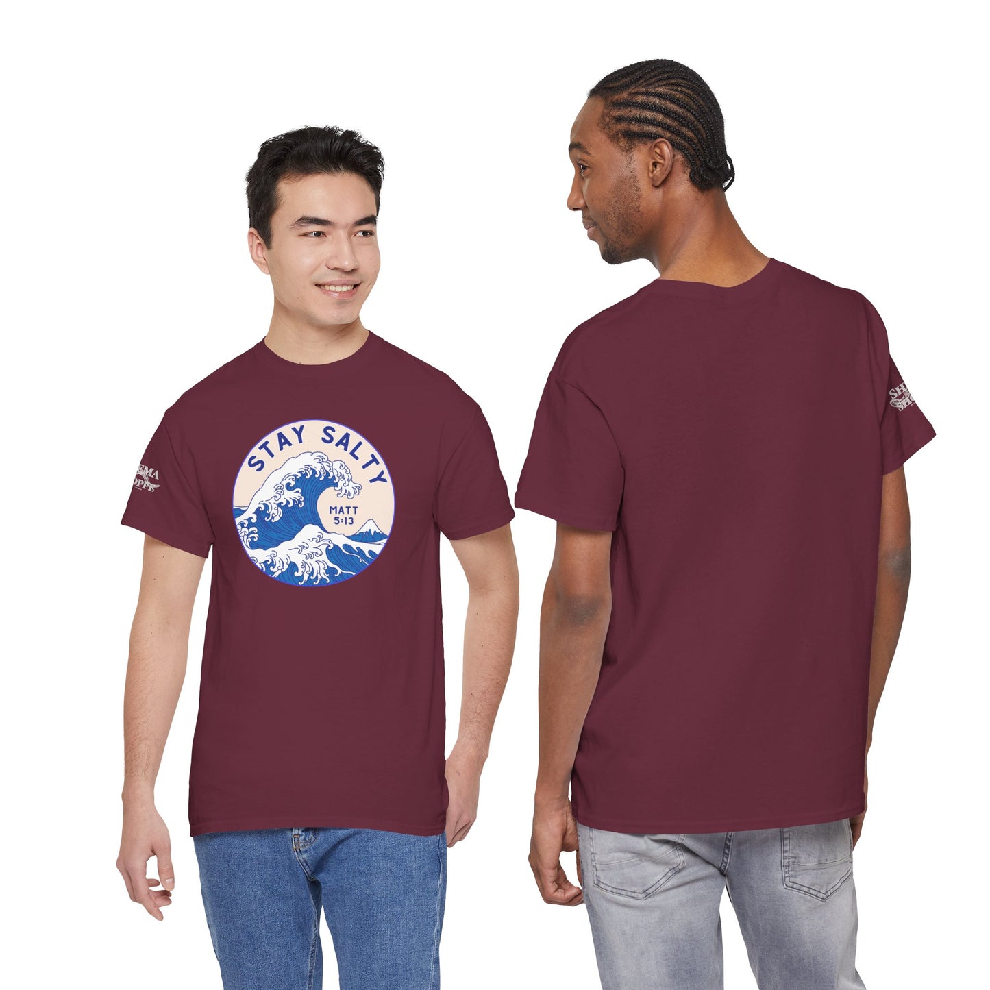 Stay Salty Surf T-Shirt — Coastal Wave Graphic with Matthew 5:13 (Hokusai-Inspired)