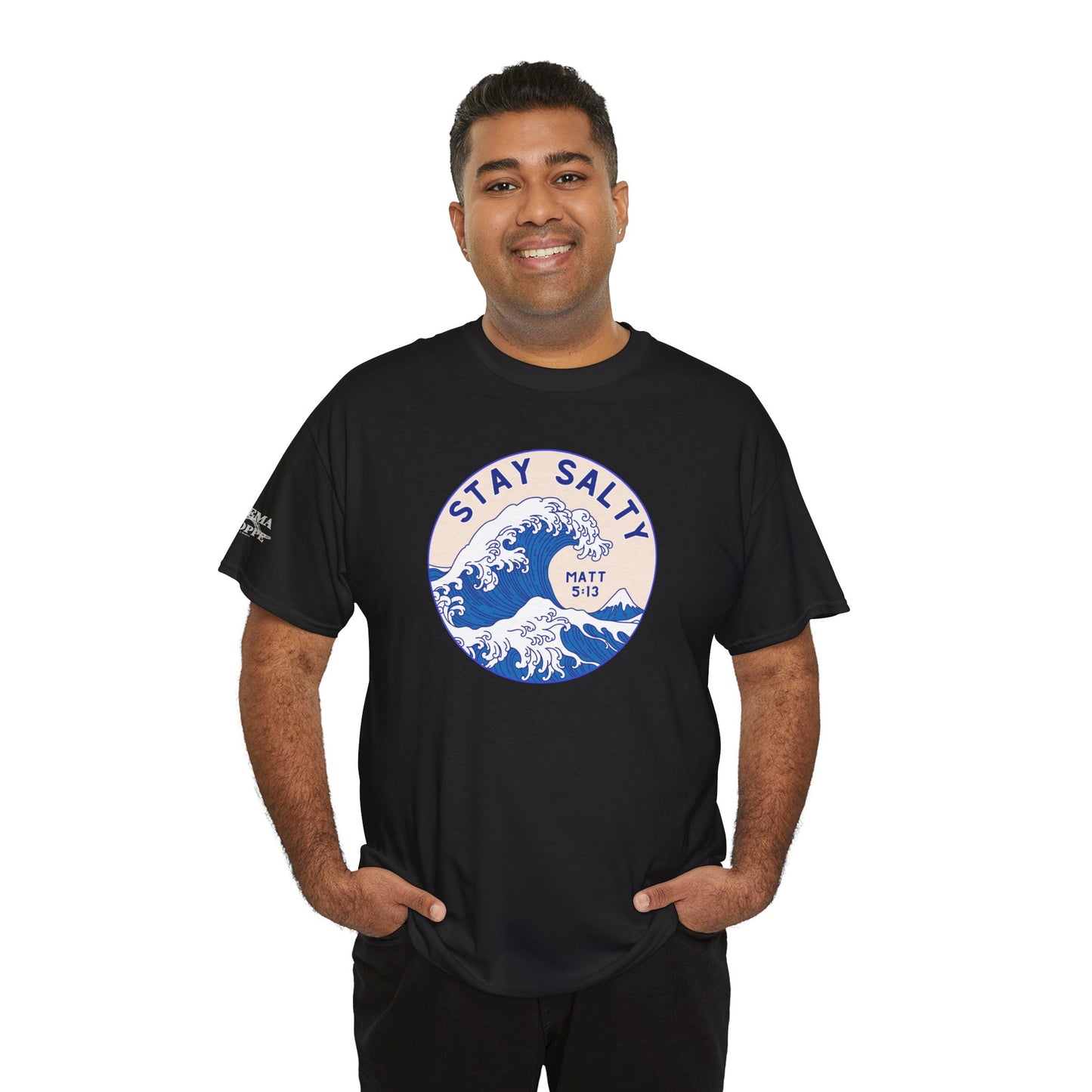 Stay Salty Surf T-Shirt — Coastal Wave Graphic with Matthew 5:13 (Hokusai-Inspired)