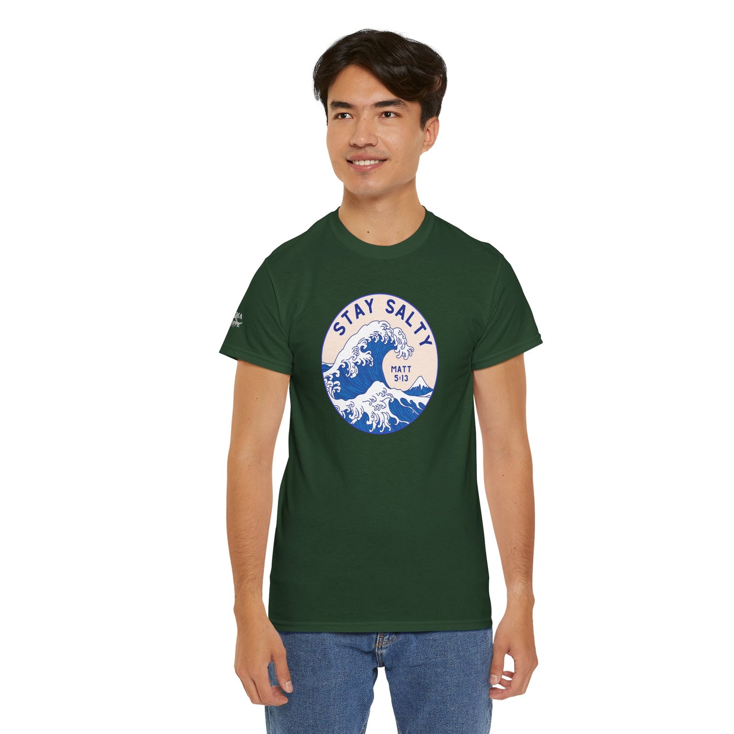 Stay Salty Surf T-Shirt — Coastal Wave Graphic with Matthew 5:13 (Hokusai-Inspired)