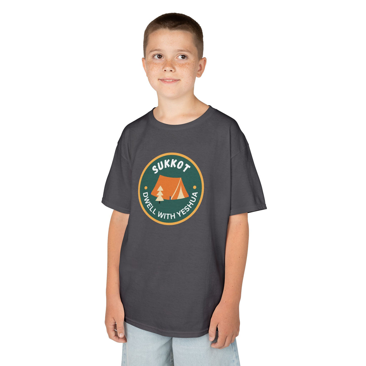 Kids Sukkot Tee — 'Sukkot - Dwell with Yeshua' Camping Badge Shirt