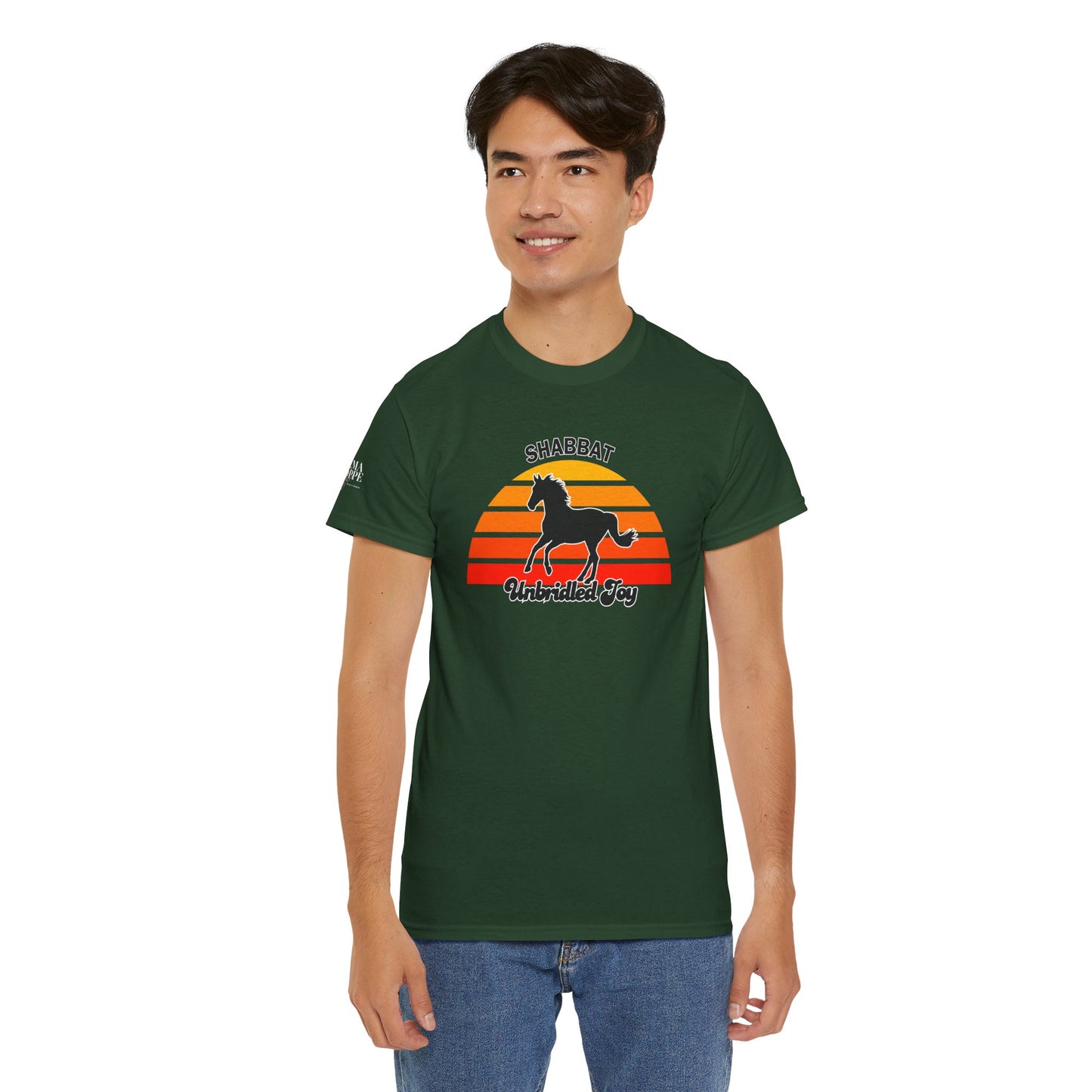 Shabbat Unbridled Joy Tee — Retro Horse Sabbath Sunset T‑Shirt